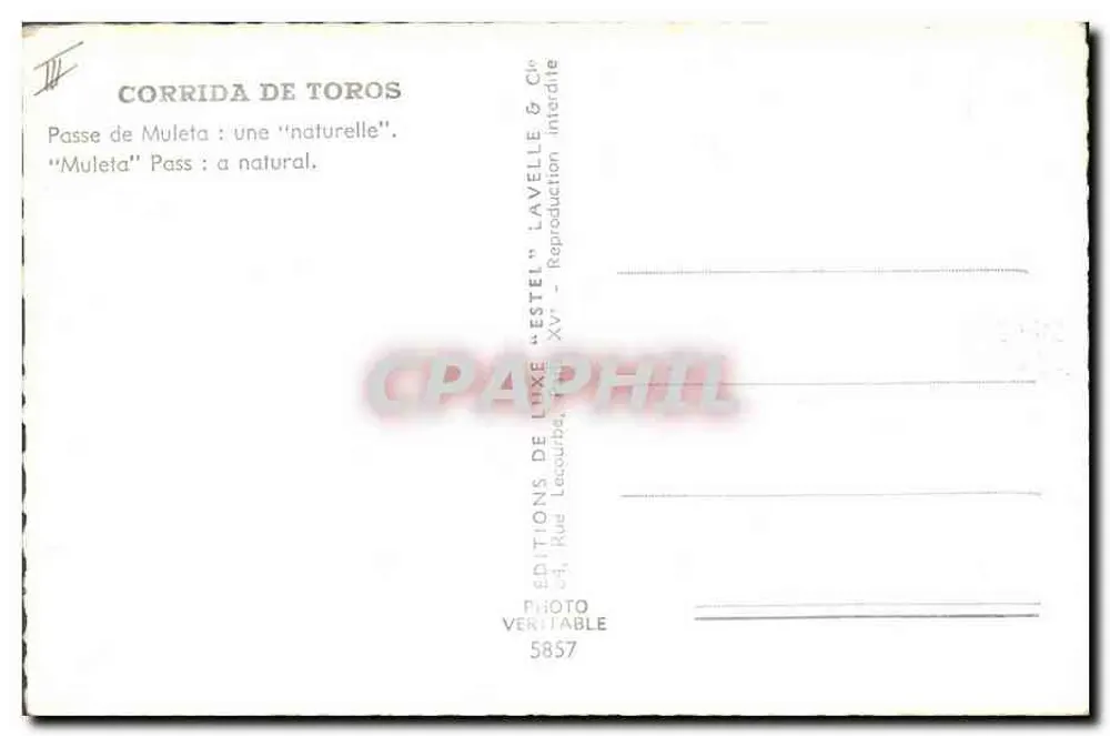 Corrida de touros — Passe de Muleta: uma 'naturelle' — Estel, n° 5857 - Verso