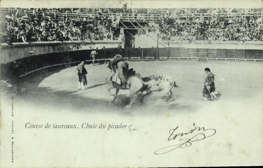 Stierkampf — Sturz des Picadors — Phototypie Lacoule, Marseille - Vorderseite