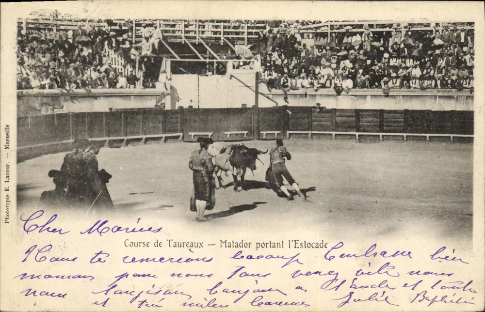 Stierkampf — Matador mit der Estocade — Phototypie E. Lacour — Marseille - Vorderseite