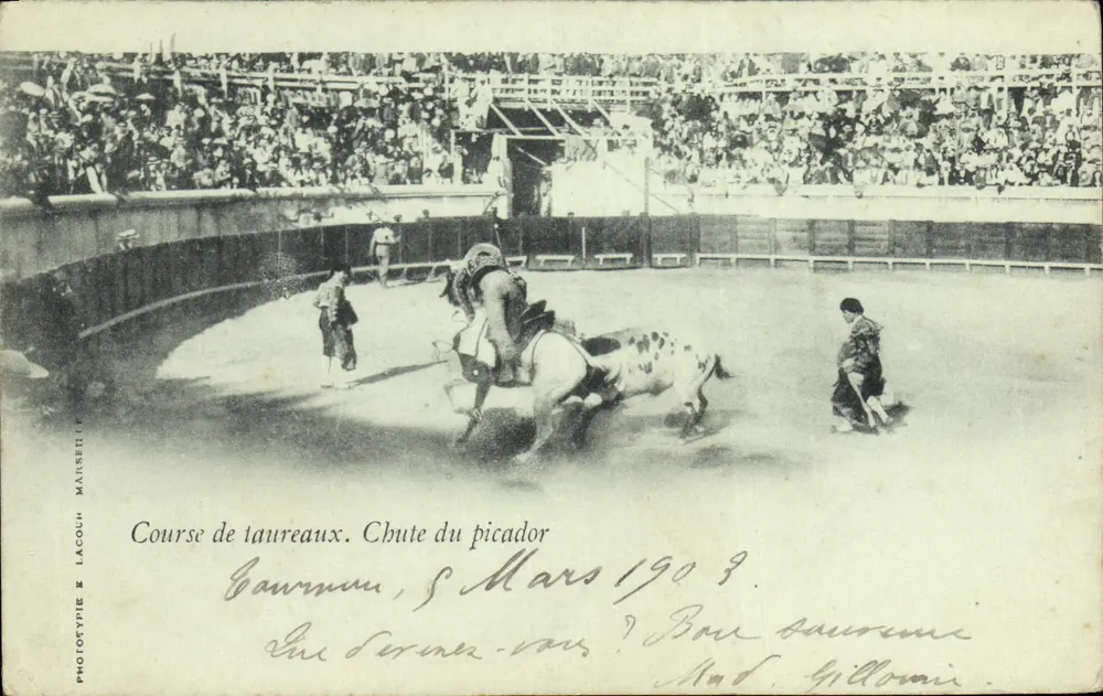 Stierkampf — Sturz des Picadors — Phototype & Lacouch Marseille, N° 6, 414 - Vorderseite