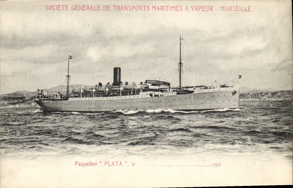 Navio de passageiros "PLATA", em 1900 - Sociedade Geral de Transportes Marítimos a Vapor - Marselha - Frente