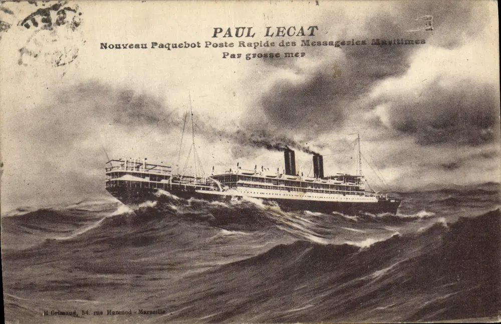 Dampfschiff Paul Lecat — Neues Post-Express-Dampfschiff der Messageries Maritimes — Durch stürmische See — H. Grimaud, 54 rue Mazenod, Marseille - Vorderseite