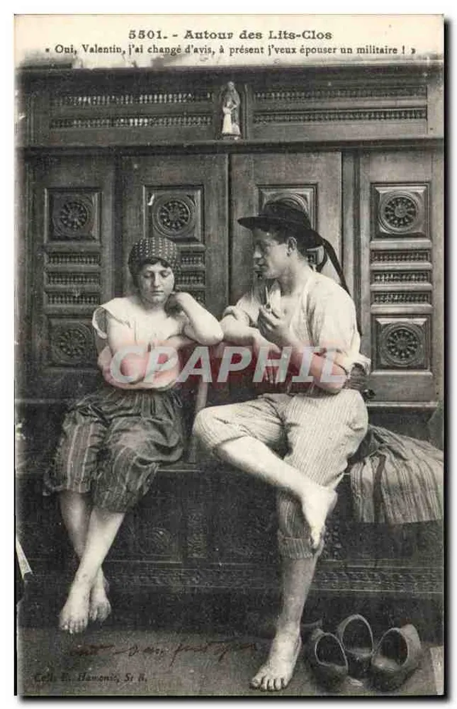 Ao redor dos Lits-Clos — cena de casal diante de um armário — editor E. Hamonin, St. B. - Frente