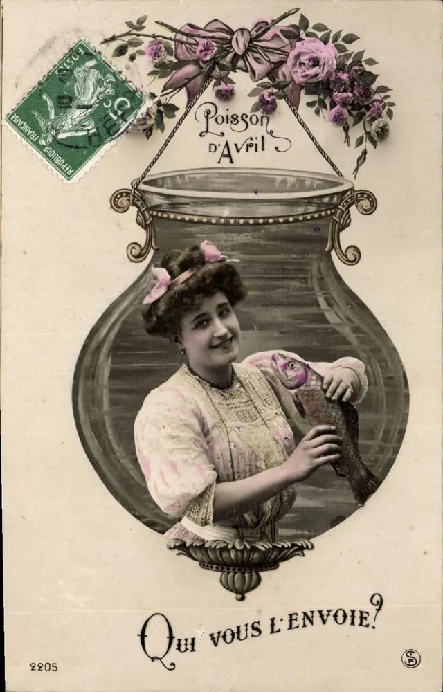 April-Fisch — junge Frau mit einem Fisch — Verlag S, Nr. 2205 - Vorderseite