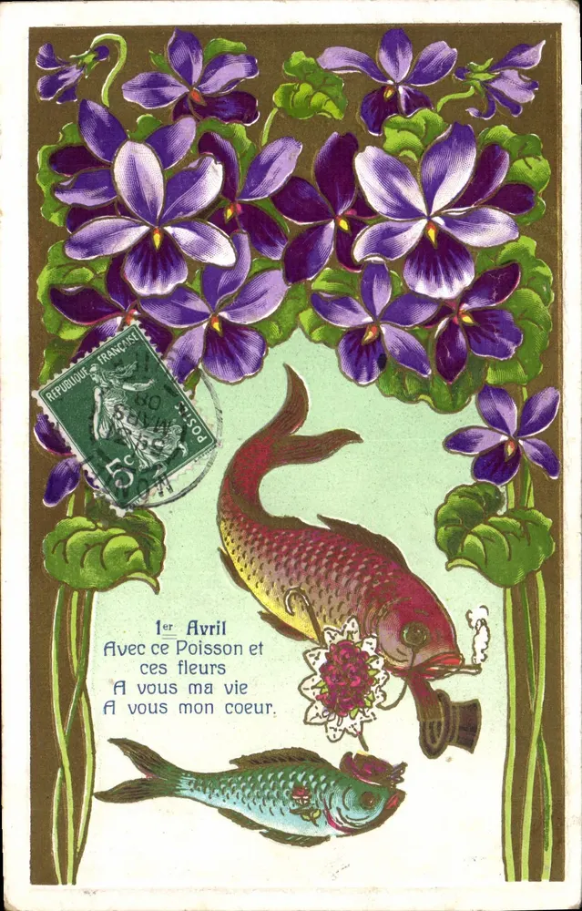 Violettblüten und Fische — 1. April — Verlag nicht sichtbar - Vorderseite
