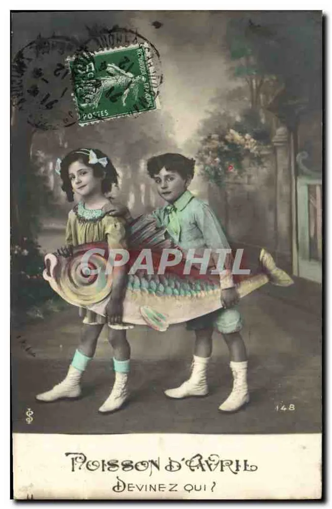 Zwei Kinder in Fischkostüm — April-Fisch — anonymer Verleger, Nr. 148 - Vorderseite