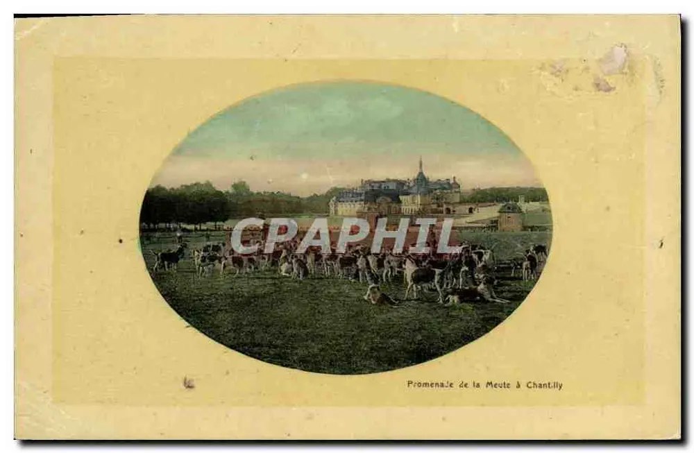 Promenade de la Meute à Chantilly — Château de Chantilly visible en arrière-plan — éditeur : Col. H. Commien, Tabacs - Restaurant en face la Gare - Vorderseite