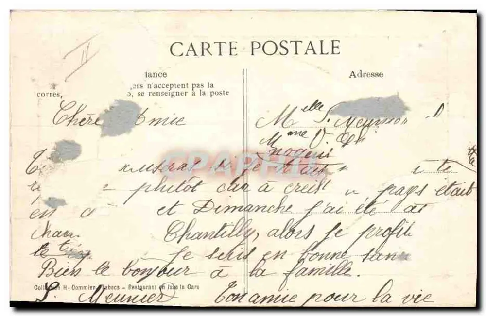 Promenade de la Meute à Chantilly — Château de Chantilly visible en arrière-plan — éditeur : Col. H. Commien, Tabacs - Restaurant en face la Gare - Rückseite