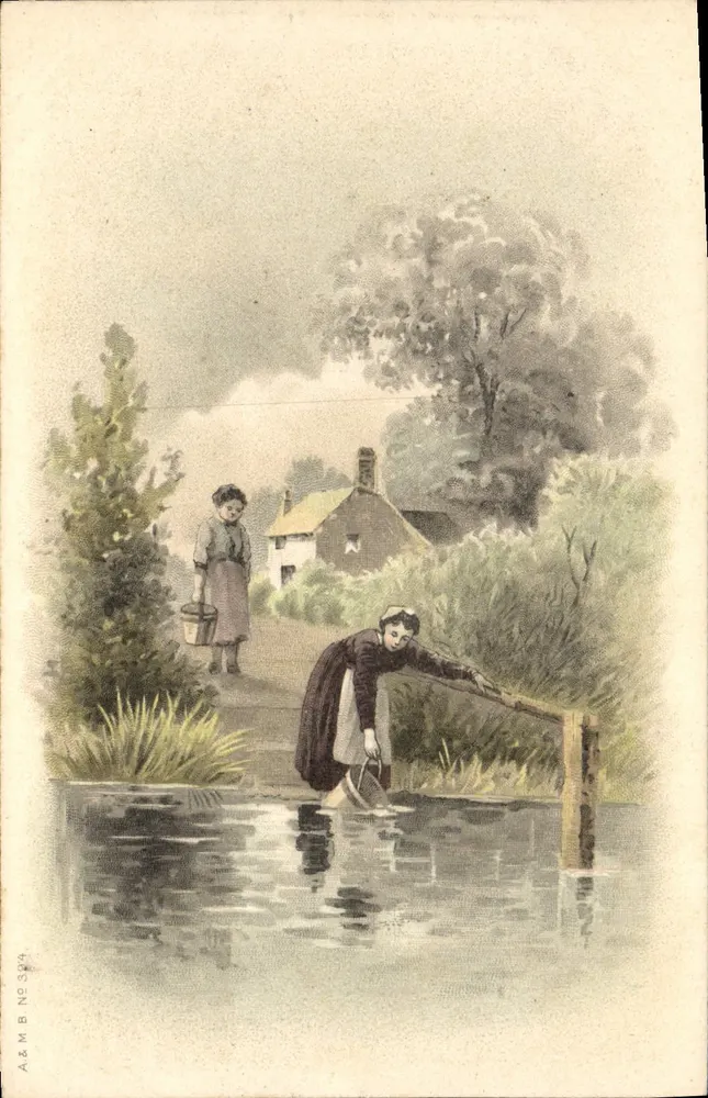 Zwei junge Mädchen neben einem Brunnen — A & M B Nr. 344 — A & M B - Vorderseite