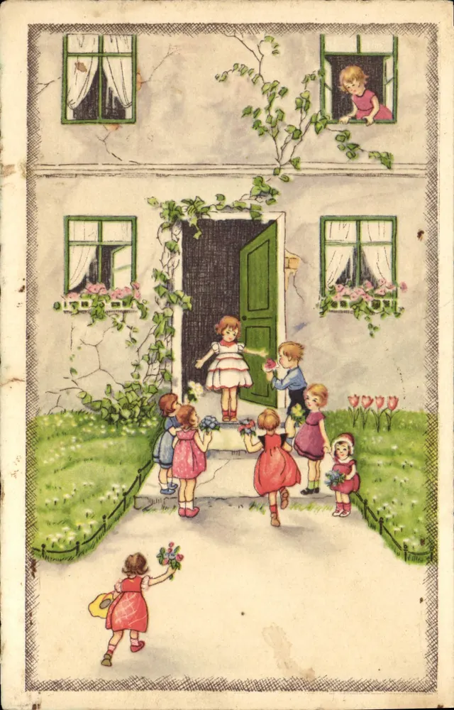 Crianças brincando em frente a uma casa — ilustração colorida — editor não identificado - Frente