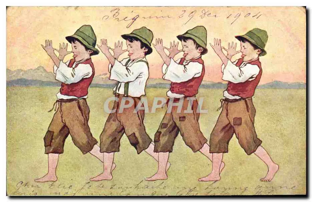 Quatro meninos em traje tradicional — Bregmir, 30 de dezembro de 1904 — editor não identificado - Frente