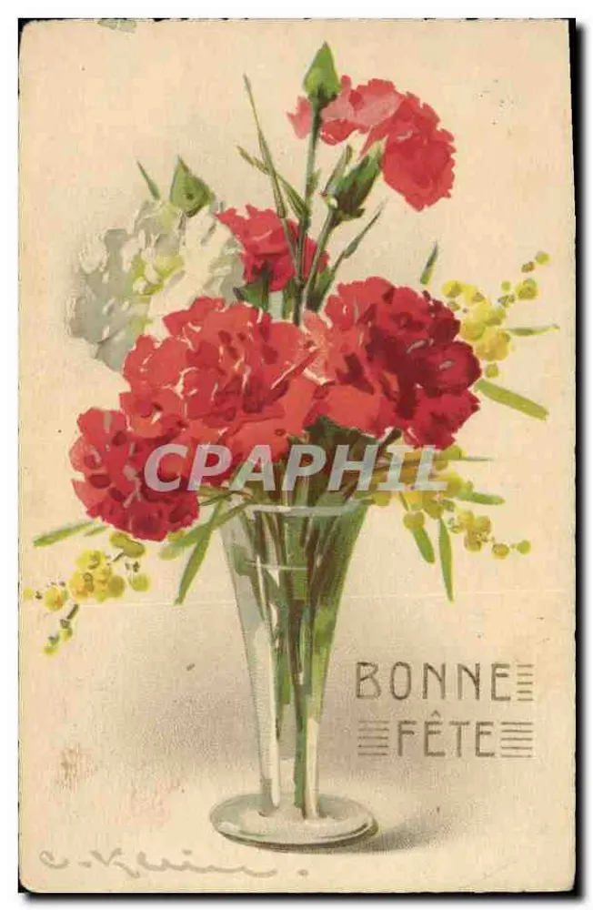Blumenstrauß aus Päonien und Mimosen — Frohe Geburtstagskarte — Verlag E. Klein - Vorderseite