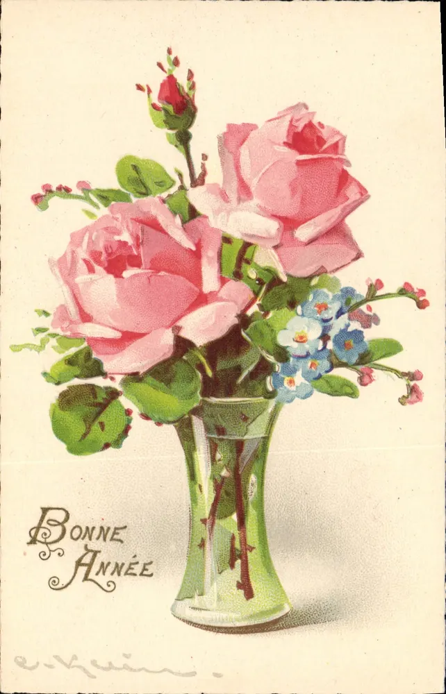 Blumenstrauß aus Rosen und blauen Blumen — Frohes Neues Jahr — Verlag EMKA, n° A - Vorderseite