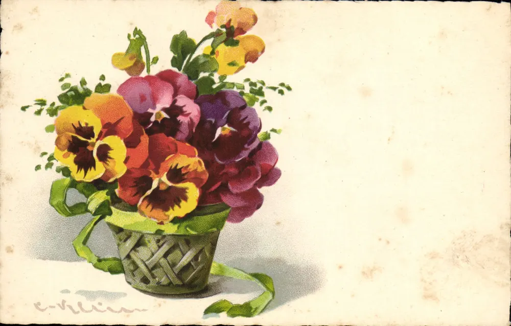 Blumenstrauß aus farbenfrohen Veilchen — Verleger E. Klein, Nr. 27 - Vorderseite