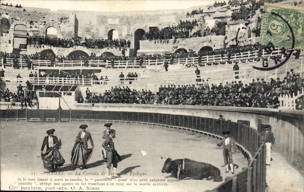Nîmes — Die Corrida — Epilog — Chez Beruheim, phot.-edit. O. A. Nîmes - Vorderseite