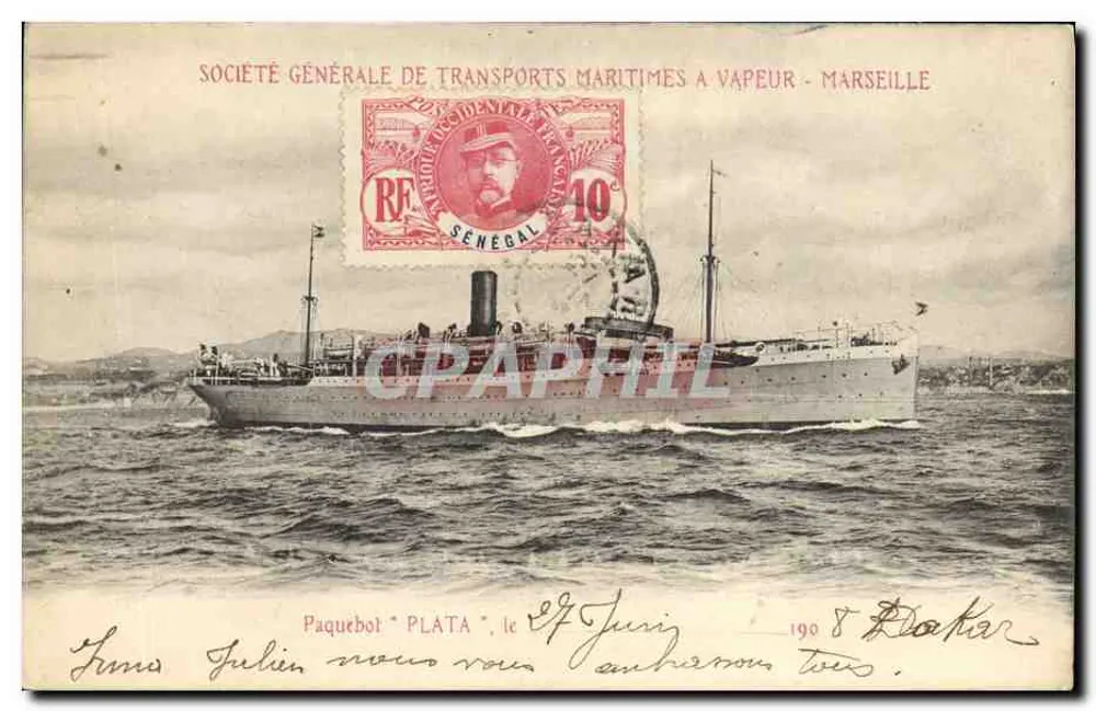 Dampfschiff "PLATA" — Gesellschaft für allgemeine Seetransporte — Marseille - Vorderseite