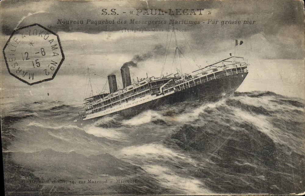S.S. « PAUL-LEGAT » — Neues Dampfschiff der Messageries Maritimes — Auf hoher See — Verlag Hermann et Cie, 54 rue Mazenod, Marseille - Vorderseite