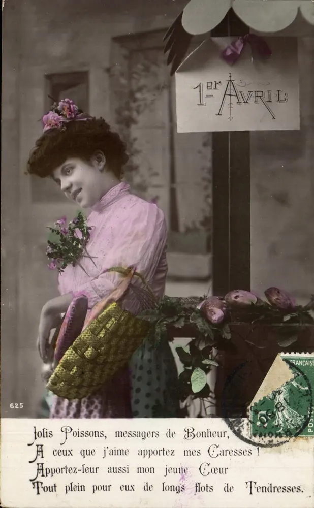 Junge Frau mit Blumenstrauß — 1. April — anonymer Verlag, n° 625 - Vorderseite