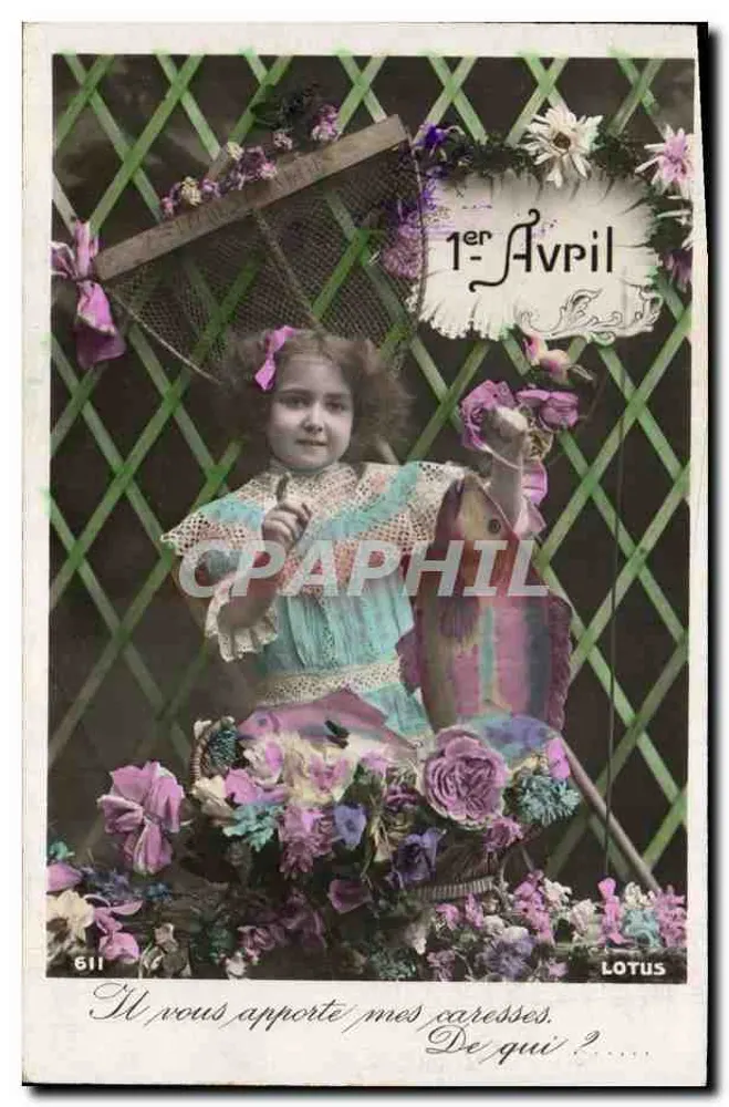 Mädchen in einem blauen Kleid — 1. April — Verlag LOTUS Nr. 611 - Vorderseite