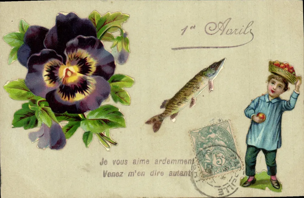 Poisson et fleur — Pansée violette et enfant avec panier — éditeur non visible - Vorderseite