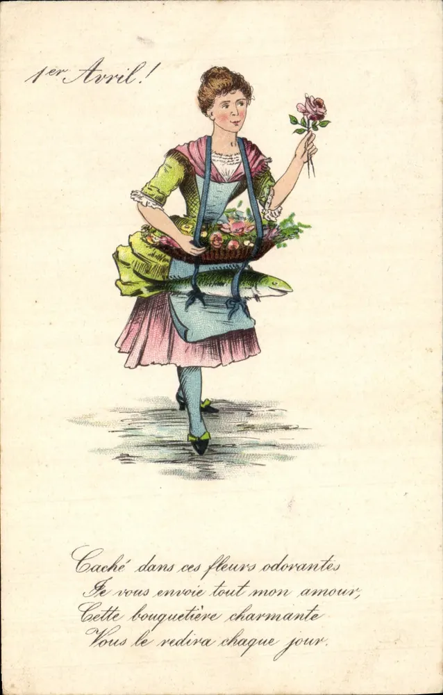 Frau mit Blumenstrauß — 1. April — unbekannter Verlag, Nr. 2224 - Vorderseite
