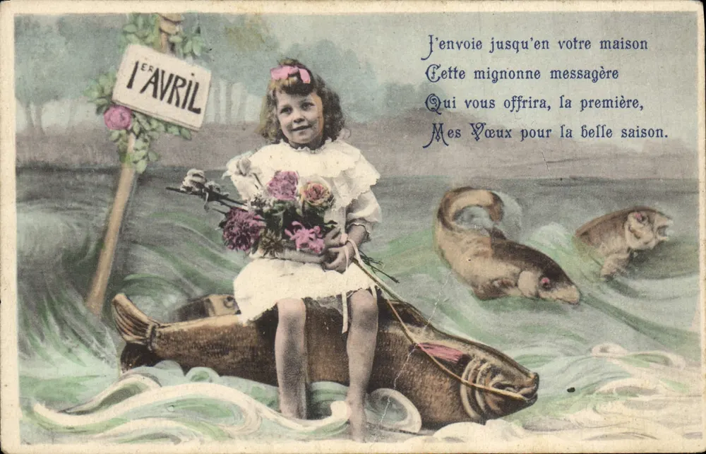 Mädchen auf Fisch — 1. April — Verlag Paris - Vorderseite