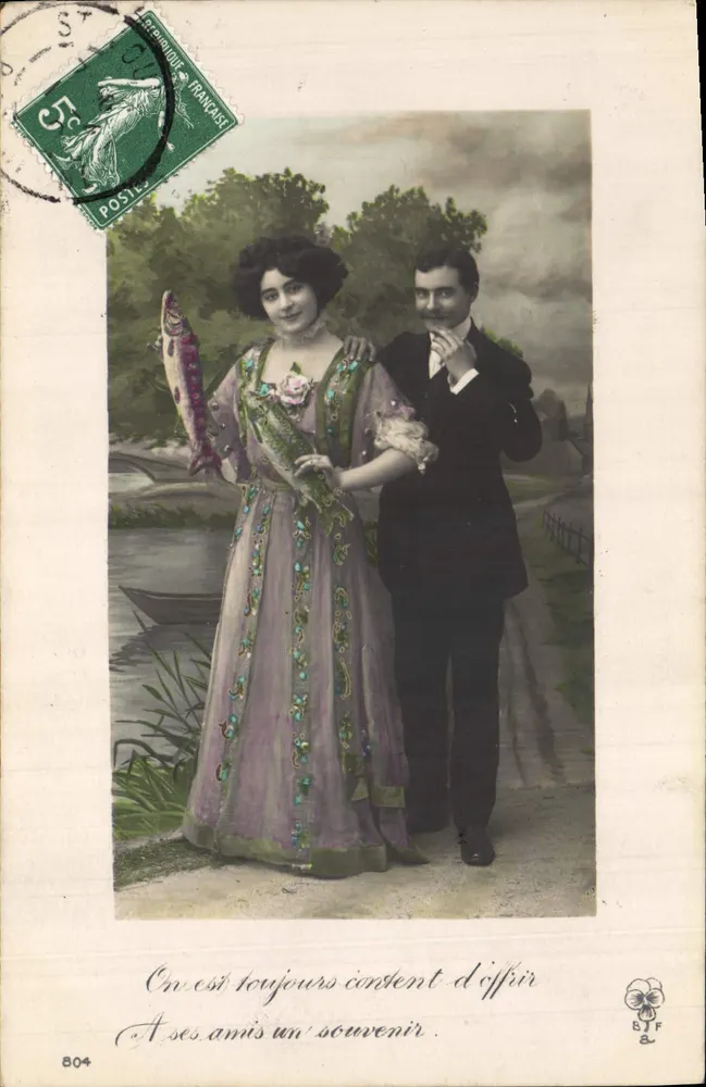 Paar in eleganter Kleidung — Flusslandschaft — Verlag S.J.F. Nr. 804 - Vorderseite