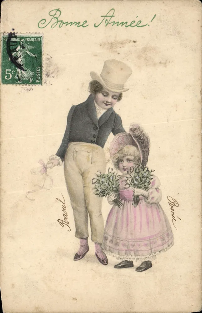 Kind und junge Mädchen mit Blumenstrauß — Frohe Neujahr! — Französische Republik, 5c - Vorderseite