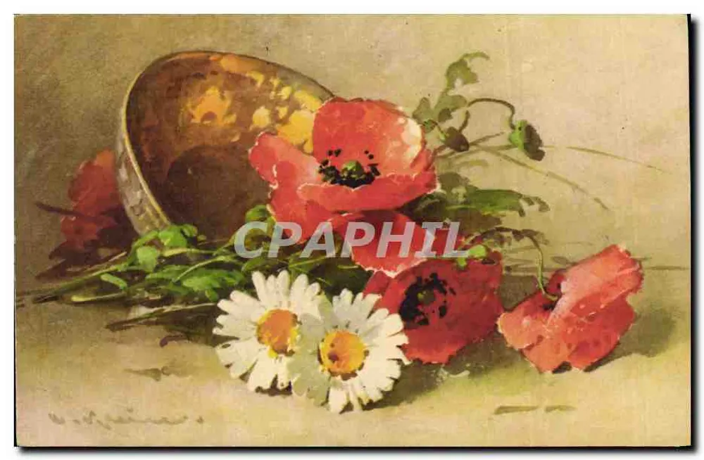 Flores de papoula e margaridas — natureza morta — editor Martin, Suíça, n° 1257 - Frente