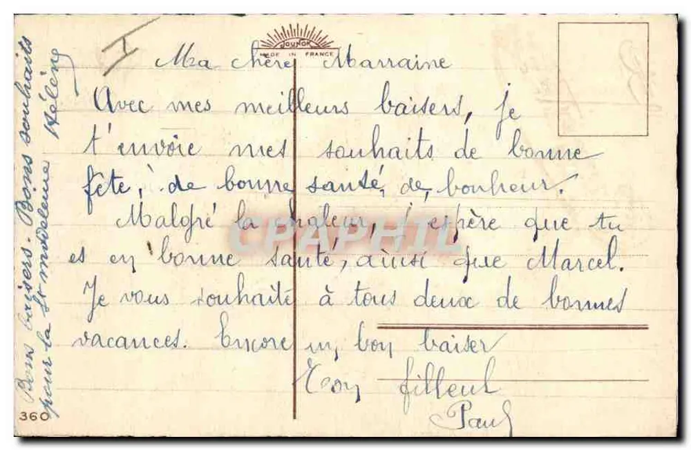 Arranjo de rosas — Feliz aniversário — Editor J. Dourcet, n°360 - Verso