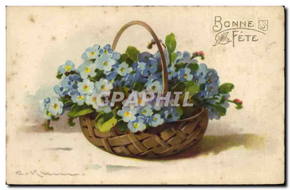 Bouquet de myosotis en un cesto — Buena fiesta — editor Dounce, n°172 - Anverso