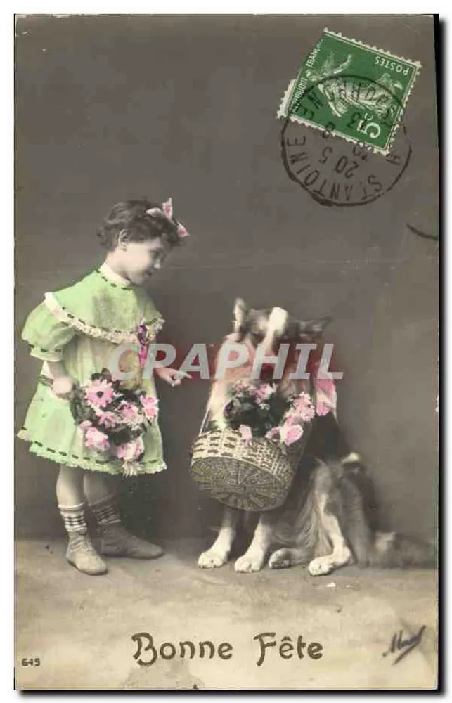 Mädchen und Hund mit Blumenkörben — Frohe Geburtstagskarte — Verlag M. Maud, Nr. 649 - Vorderseite