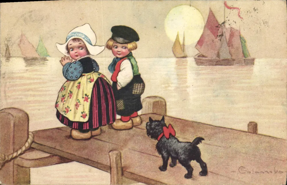 Crianças e cachorro no cais — cena portuária — Editor Colanbba, n° 1448 - Frente