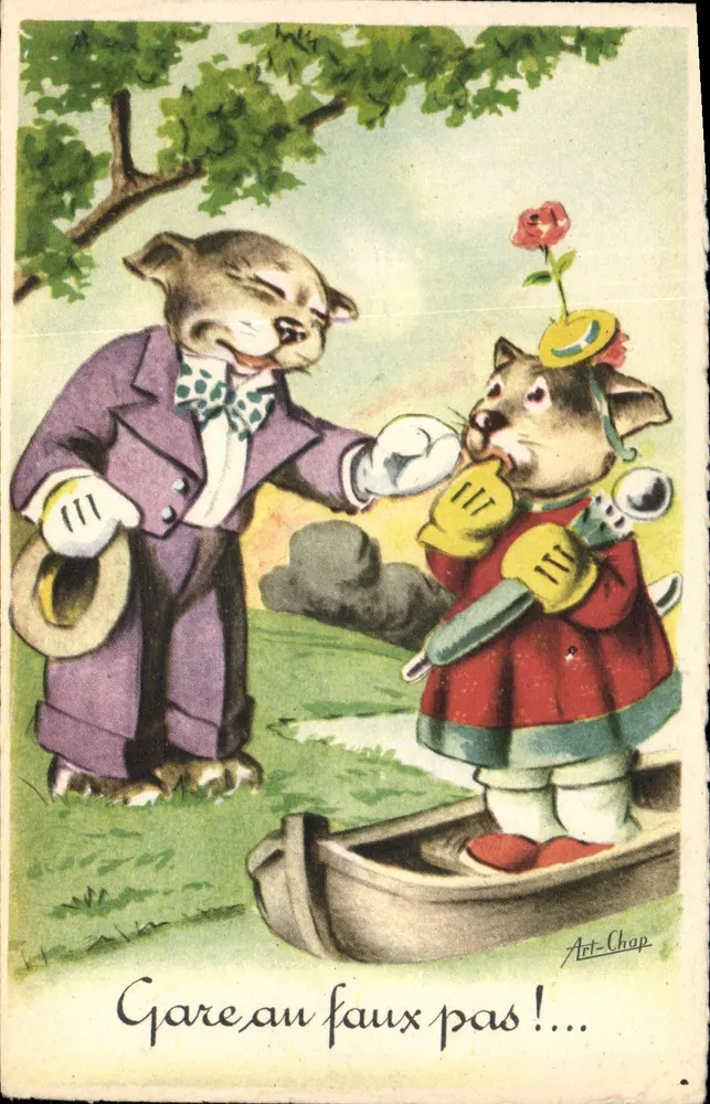 Deux chats en tenue de soirée — scène de rencontre amoureuse — éditeur Art-Chap - Vorderseite