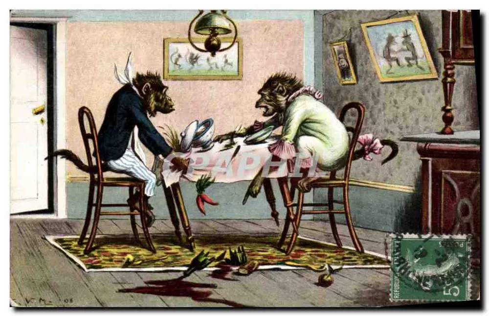 Macaco e macaco à mesa — cena humorística — editor V. M. L. n° 108 - Frente