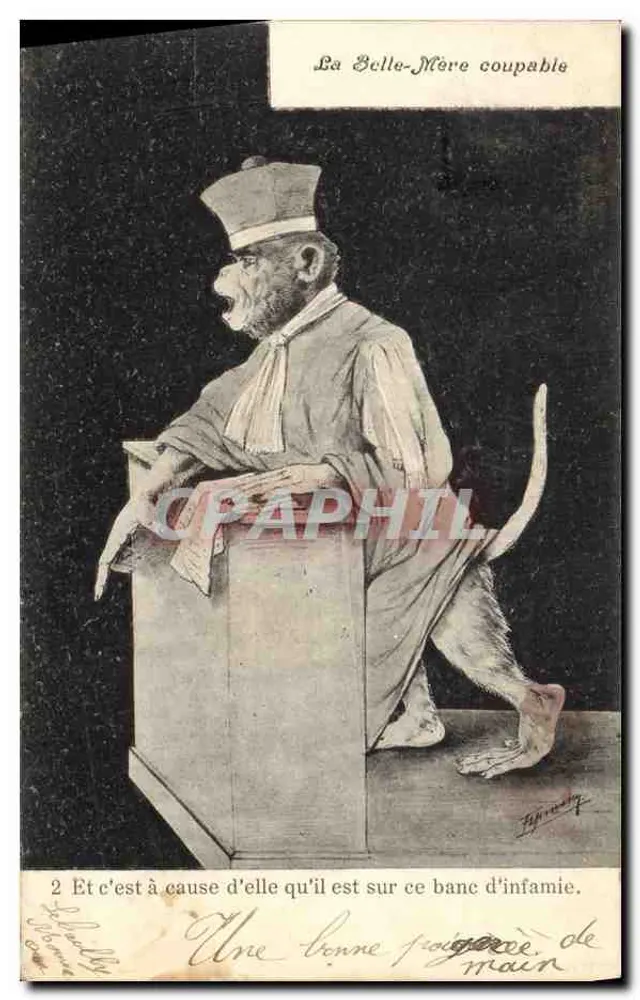 दोषी माया माँ — एक बंदर के न्यायाधीश के वस्त्र में चित्र — ड्रॉइंग एल. बॉडिली - आगे