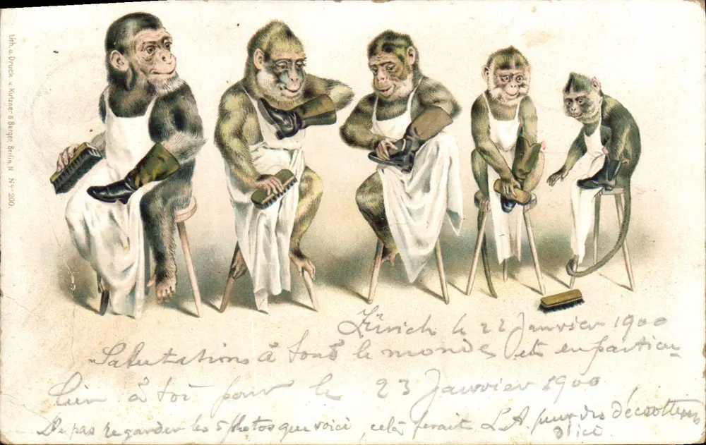 Cinq singes en tablier — scène de cobbler — lith. u. Druck. & Molzner & Berger Berlin, Nr. 300 - Frente