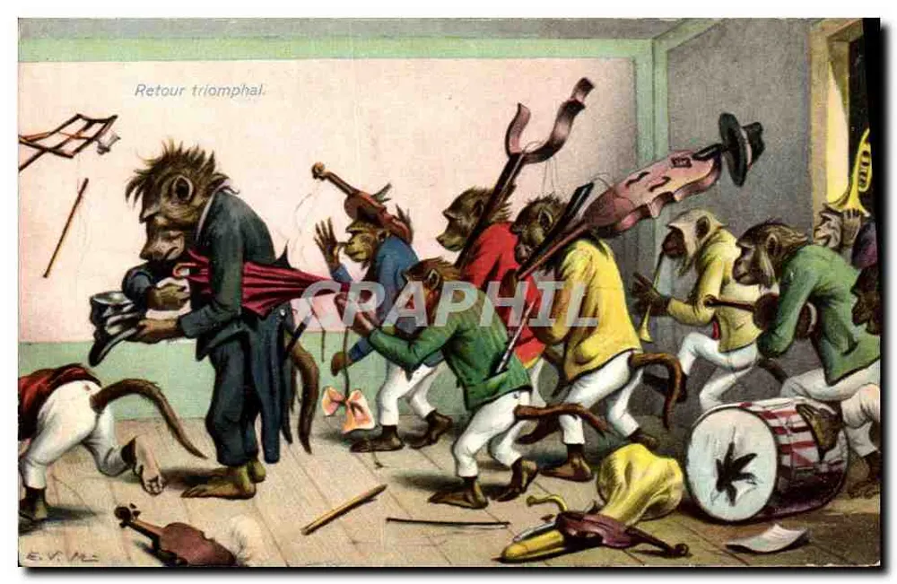 Retorno triunfante — cena de macacos músicos — editor E.V. M.L., série 1150 - Frente