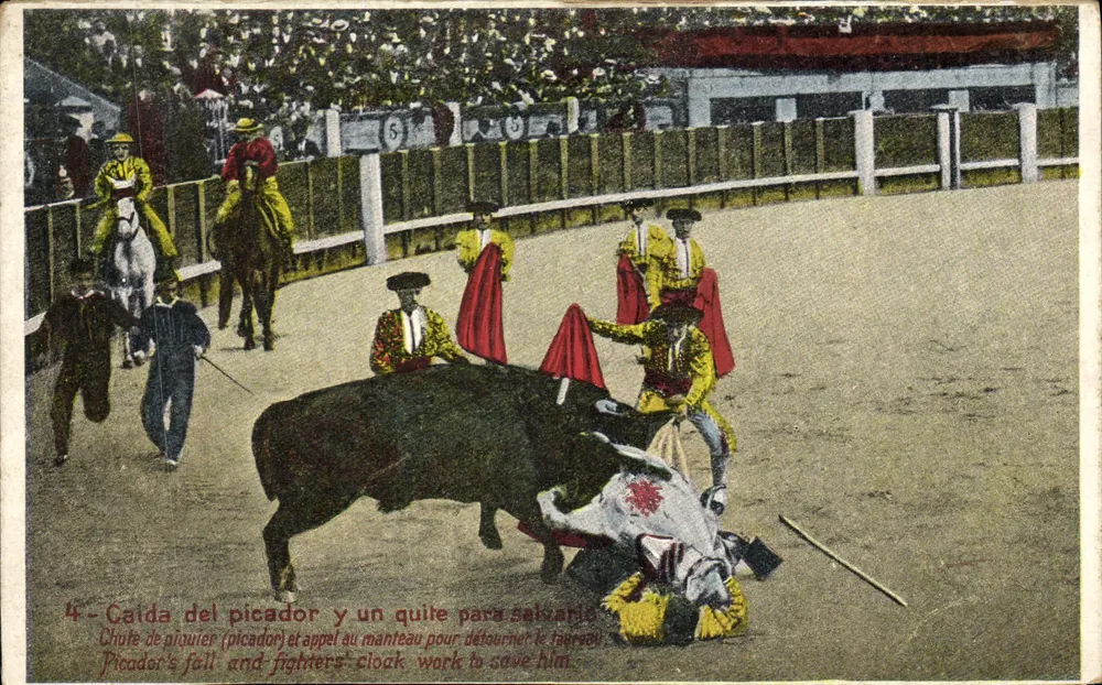 Stierkampf — Sturz des Picadors und Rettung mit dem Mantel — Corrida de Toros n. 71 m. - Vorderseite