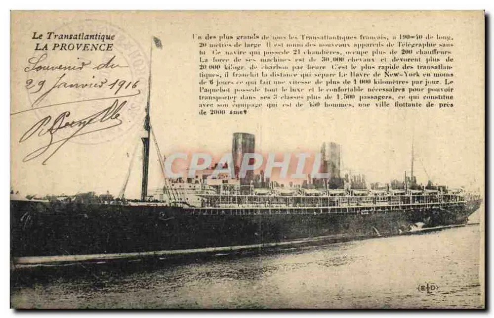 Der Transatlantiker LA PROVENCE — Erinnerung an den 29. Januar 1916 — Verlag: E. La Deley, Paris - Vorderseite