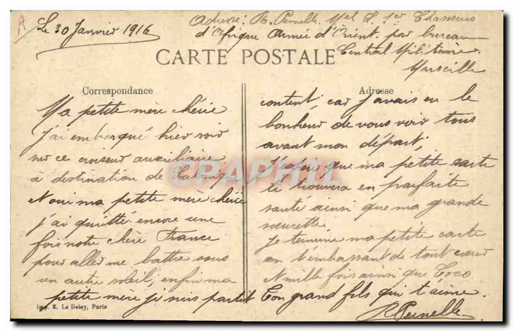 Der Transatlantiker LA PROVENCE — Erinnerung an den 29. Januar 1916 — Verlag: E. La Deley, Paris - Rückseite