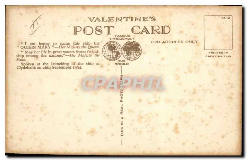 Cunard White Star Liner "Queen Mary" — Die Größte und Schnellste — Verlag Valentine's Post Card, Nr. 34-2 - Rückseite