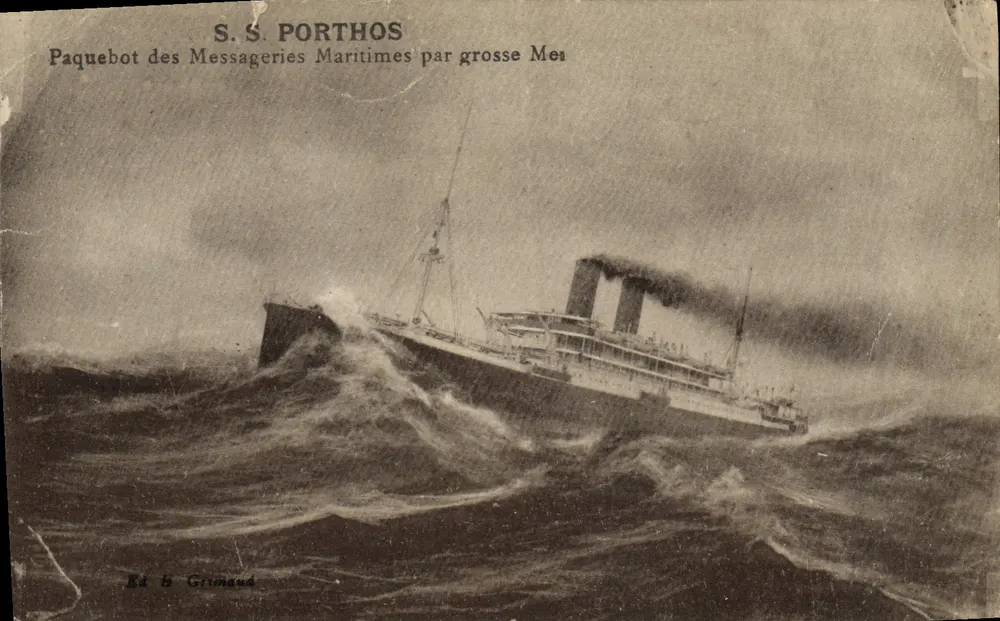 S.S. Porthos — Dampfer der Messageries Maritimes auf bewegtem Meer — Éd. B. Grimaud - Vorderseite