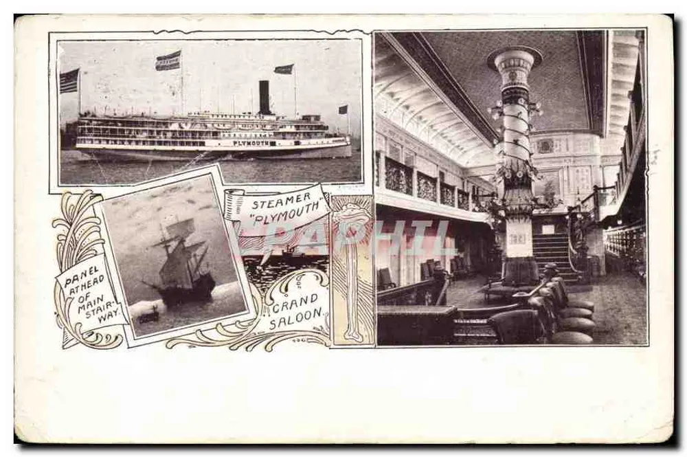 Dampfer "Plymouth" — Ansicht des Schiffs, des großen Salons und des Eingangspannels — Verleger unbekannt - Vorderseite