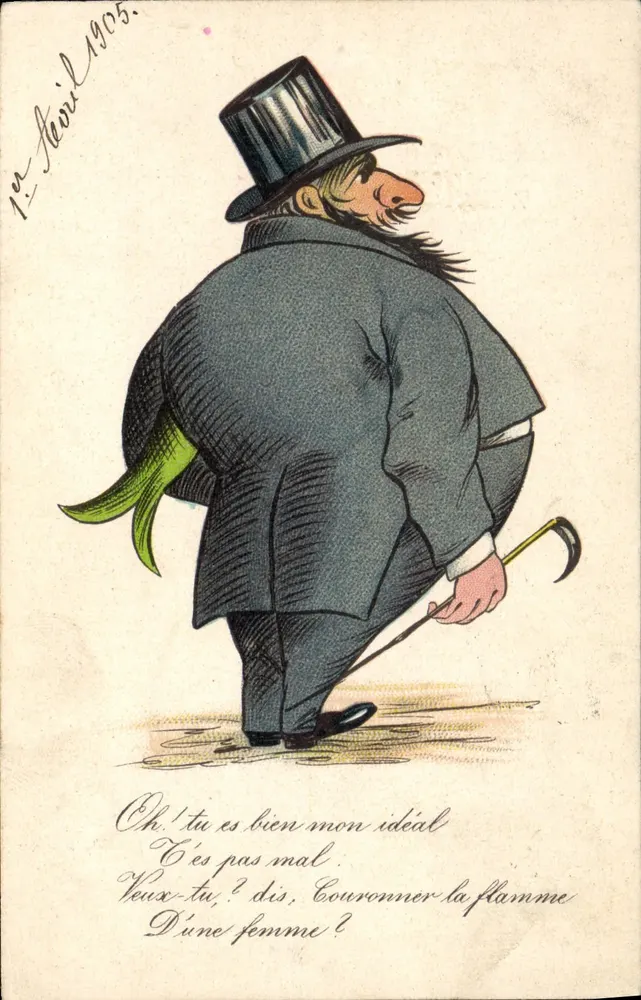 Karikatur eines Mannes in Zylinderhut — 1. April 1905 — K. F. Verleger, Paris, Serie 965 - Vorderseite