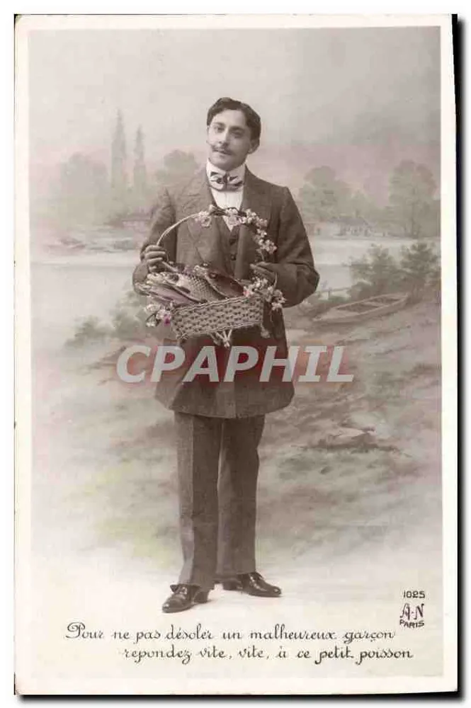 Jungmann, der einen Blumenkorb hält — humorvoller Text — A-N PARIS n°1025 - Vorderseite