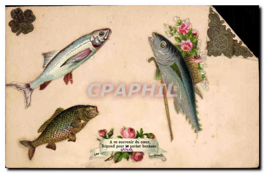 Drei Fische — April — Gedruckte Karteikarte - Vorderseite
