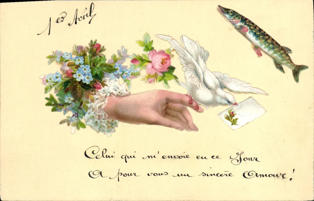 Hand, die einer Taube eine Karte gibt — Fisch und Blumenstrauß — 1. April — unbekannter Verlag - Vorderseite