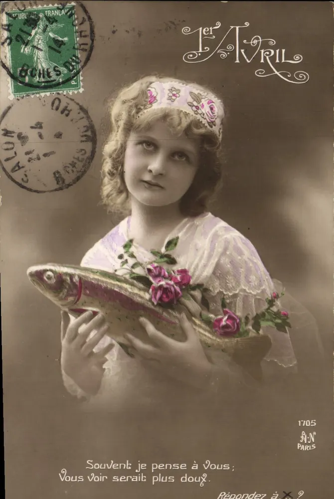 Junge Mädchen mit einem mit Rosen dekorierten Fisch — 1. April — A.N. Paris, n° 1705 - Vorderseite