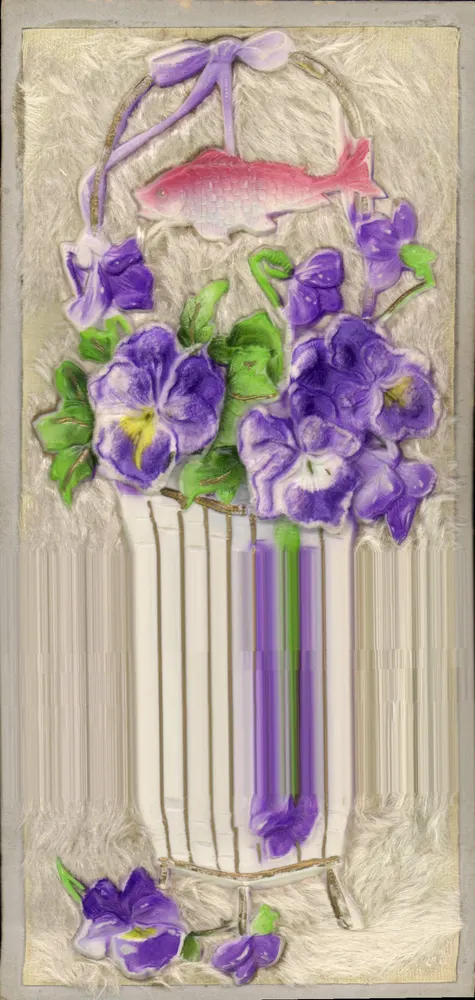 Violets in a Vase — rosa Fisch und violetter Schleifchen — unbekannter Verlag, Seriennummer nicht sichtbar - Vorderseite